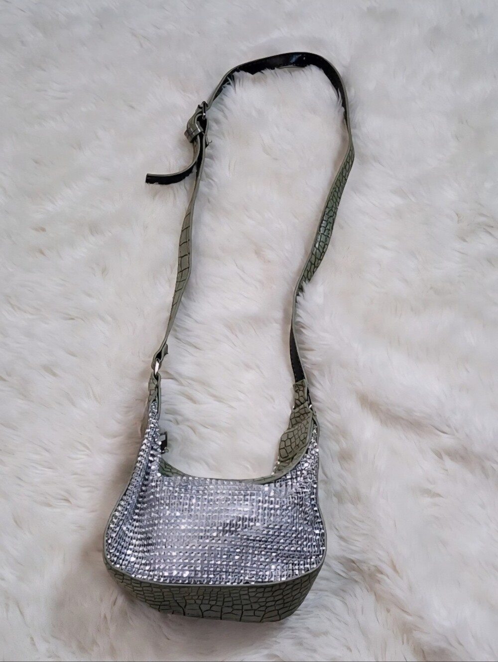 Green Croc-Texture Shoulder Bag with Silver Rhinestone Front